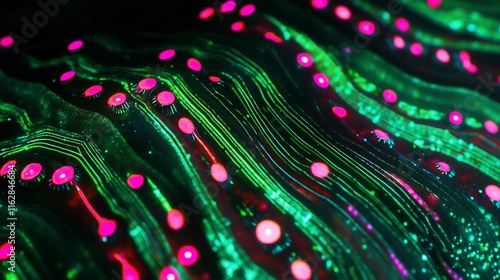 Abstract green and pink glowing wave pattern with vibrant light.