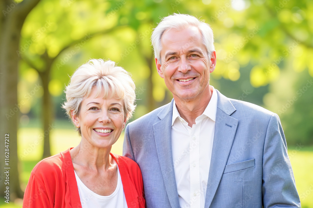 Joyful elderly couple smiling in sunny park, love and companionship. Bright and modern style portrait 