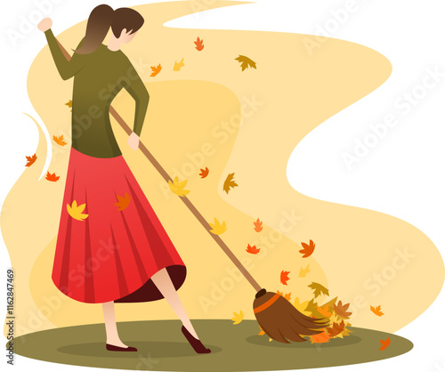 sweeping autumn leaves vector illustration, cleaning the yard from leaves, a lady sweep with a broom