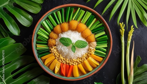 Colorful Cambodian Num Chak Kachan Bowl with Fresh Vegetables and Rice Arrangement photo