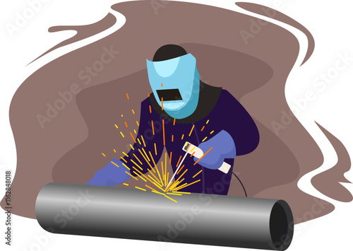 welding worker in the construction industry, welder wearing protective mask and safety tool vector illustration, industry and manufacture concept