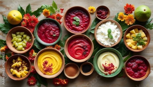 Wallpaper Mural Colorful Brazilian Desserts in Decorative Bowls Surrounded by Flowers and Fruits Torontodigital.ca