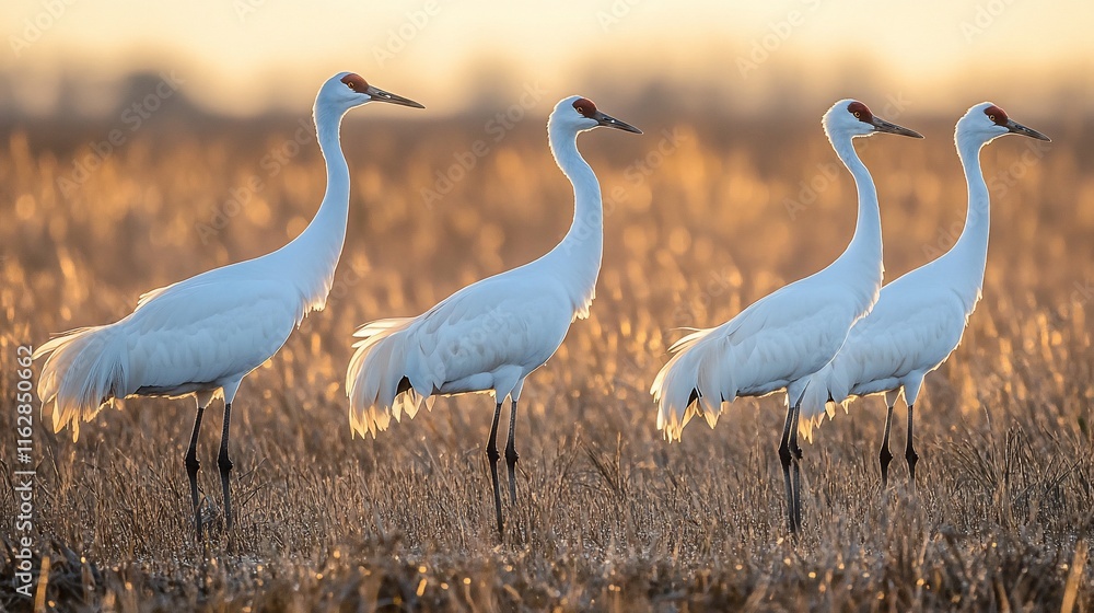 Fototapeta premium Four whooping cranes standing in a golden field at sunset.