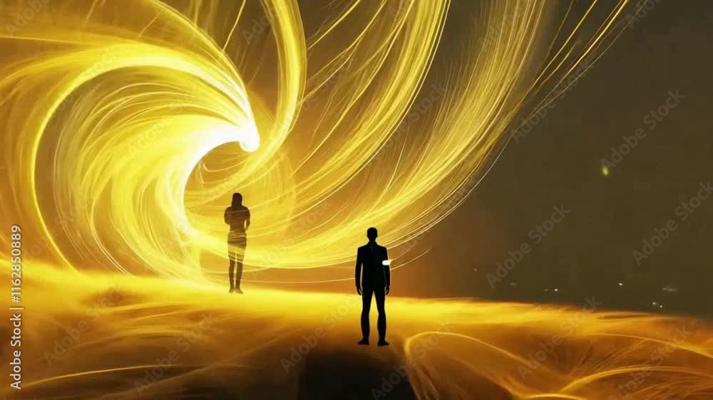 A person bids goodbye to a soul, enveloped in radiant golden spirals, embodying closure and acceptance. A person bids goodbye to a soul, enveloped in radiant golden spirals, embodying closure and acceptance.