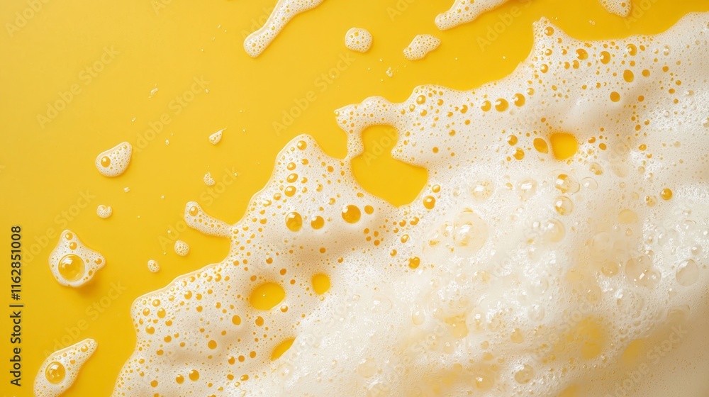 Frothy beer foam spilling over a yellow surface Frothy beer foam spilling over a yellow surface