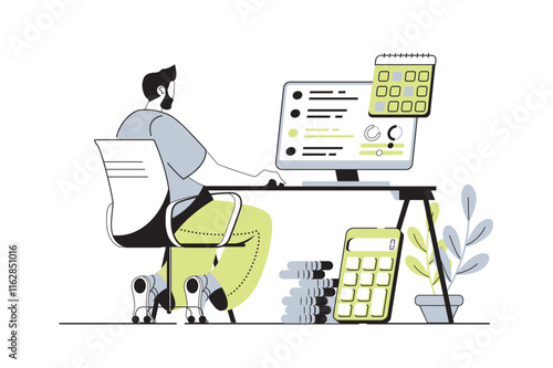 Planning financial budget web concept with flat cartoon people for website design. Man making financial statistics analysis and auditing personal finance with investment strategy. Vector illustration.
