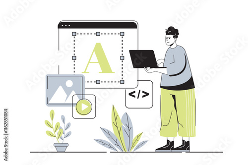 Web design concept with flat cartoon people for website design. Man creating responsive site layouts, adding videos, images and graphic elements and navigation buttons at page. Vector illustration.