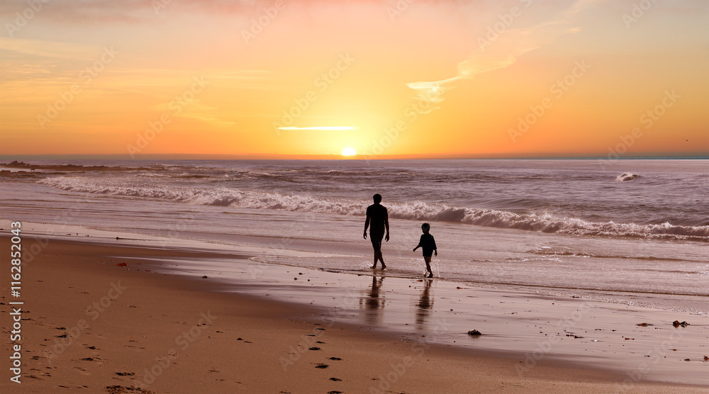 Father and son walk along a beach at sunset Father and son walk along a beach at sunset