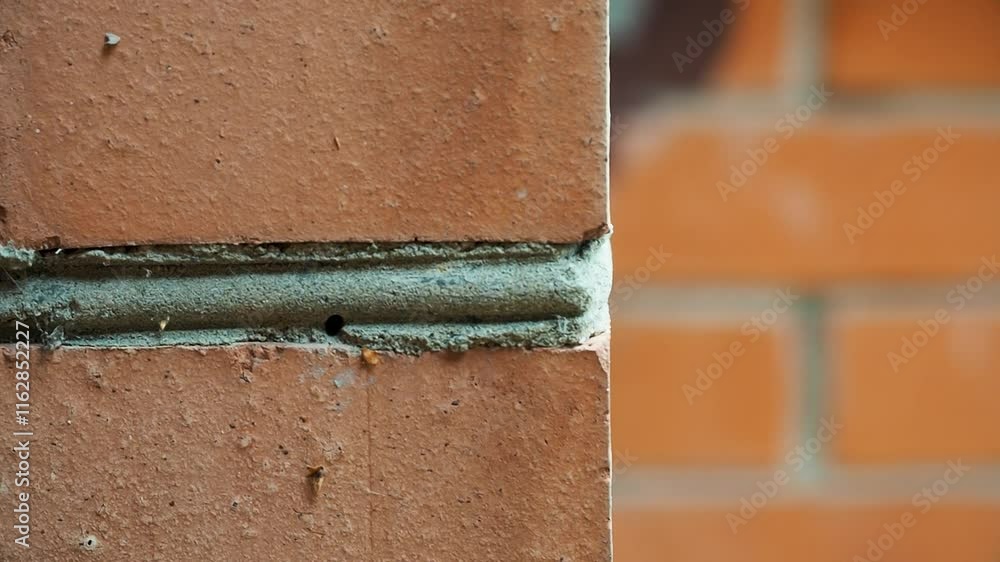 Seam - space between bricks. Old seam over 25 years old. Close-up, corner Seam - space between bricks. Old seam over 25 years old. Close-up, corner
