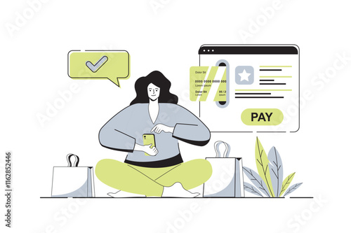 Online payment web concept with flat cartoon people for website design. Woman getting invoice and paying her purchases with credit card in online banking using website form. Vector illustration.