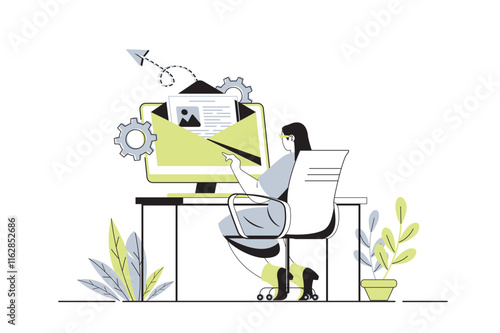 Email service web concept with flat cartoon people for website design. Woman chatting online with electronic letters, receiving and sending mails, getting notification to mailbox. Vector illustration.