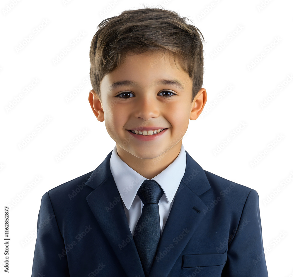 Happy Schoolboy in Blue Uniform Smiling While Studying Isolated on White Background Happy Schoolboy in Blue Uniform Smiling While Studying Isolated on White Background