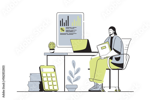 Accounting web concept with flat cartoon people for website design. Man analyzing financial statistics, company profit or business data, calculating and making inspection report. Vector illustration.