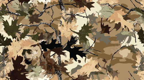 Realistic forest camouflage. Seamless pattern. Tree, branches, green and brown oak leaves. Gray blur background. Useable for hunting and military purposes.