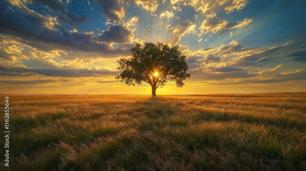 Obraz premium Lonely tree in wheat field at sunset.