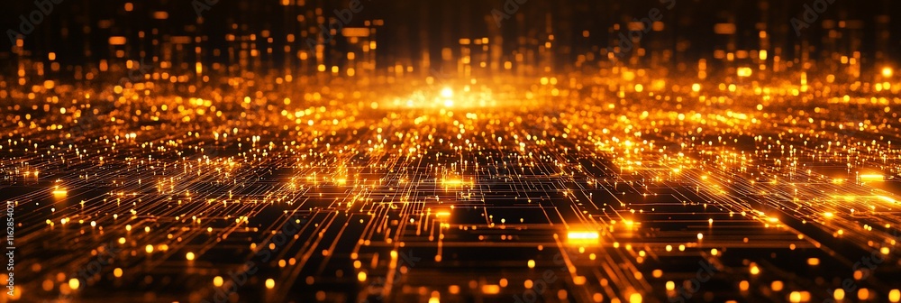 Fototapeta premium Golden abstract glowing network, digital data flow, futuristic technology.