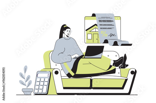 Mortgage web concept with flat cartoon people for website design. Woman getting mortgage online, using financial insurance, signing agreement contract with bank to buy new house. Vector illustration.
