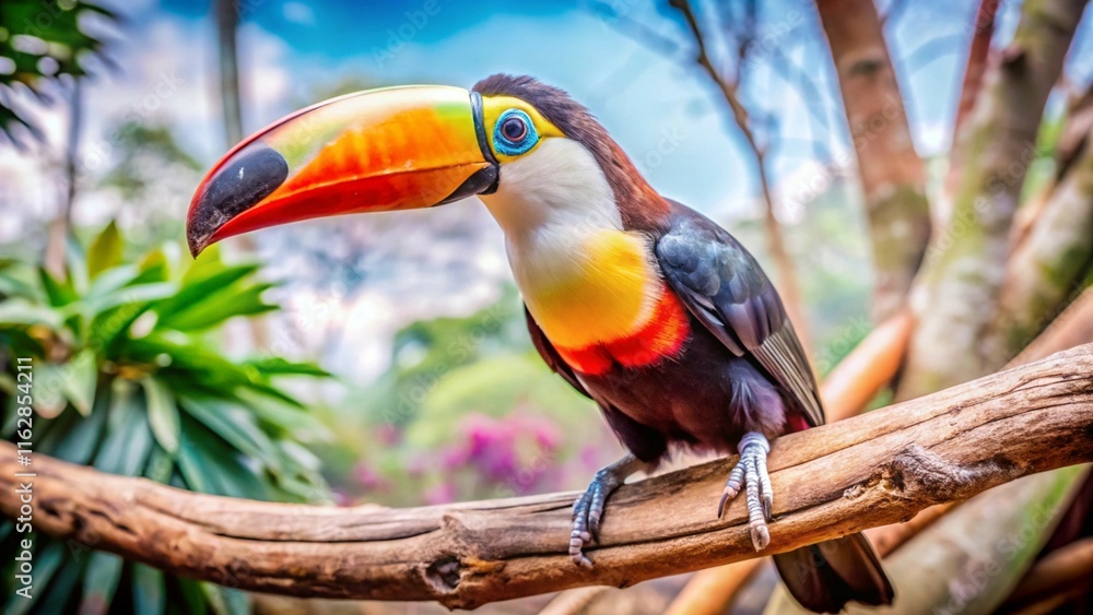 Fototapeta premium A colorful toucan perches on a tree branch in the vibrant rainforest jungle environment