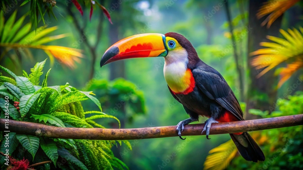 Obraz premium A colorful toucan perches on a tree branch in the vibrant rainforest jungle environment