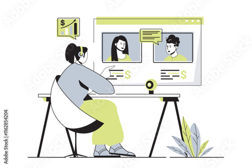 Video business conference web concept with flat cartoon people for website design. Colleagues discussing work tasks in group chat, coworkers communicating at online meeting. Vector illustration.