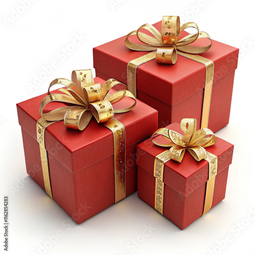 Valentines Day Three red gift boxes for gifts with golden ribbon Christmas, birthday or Valentines day.Three red gift boxes for gifts with golden ribbon Christmas, birthday or Valentines day isolated 