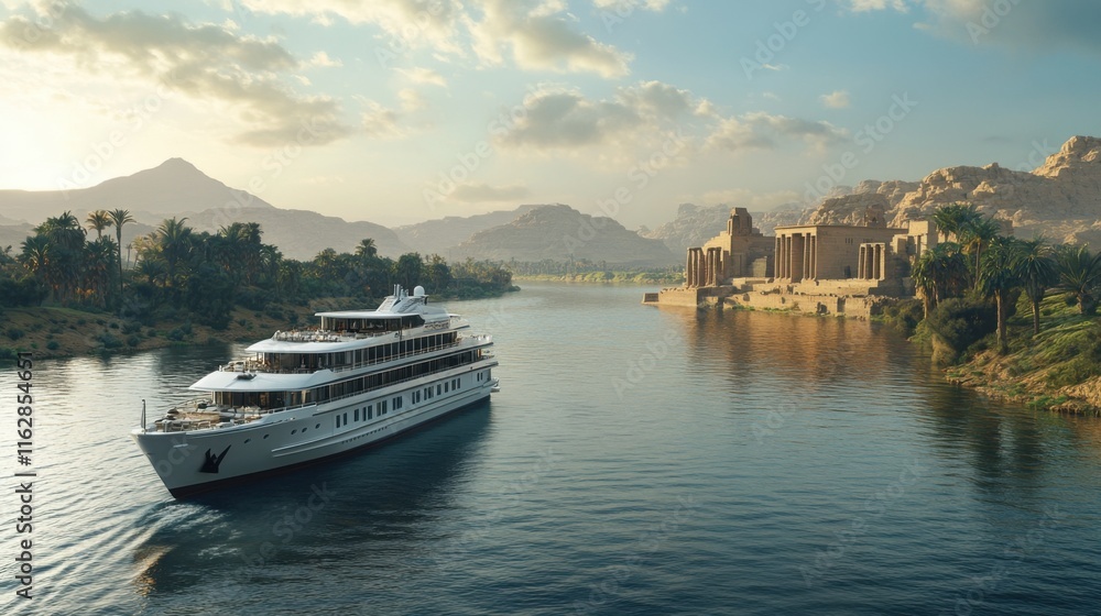 Fototapeta premium Luxury Nile River Cruise Ship Past Ancient Egyptian Temple