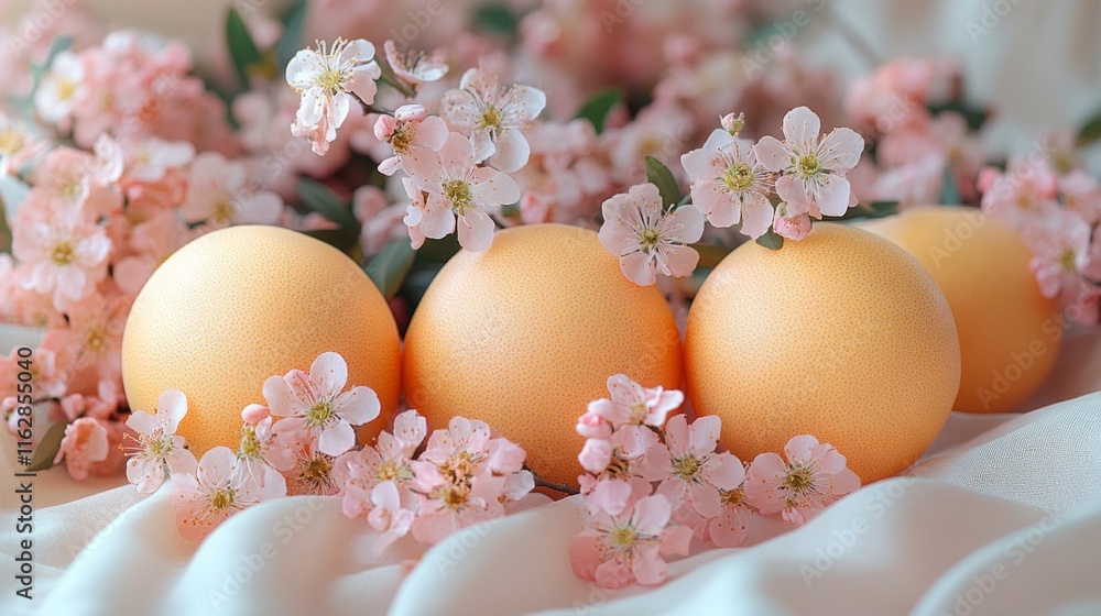 Oranges and pink blossoms on a soft pastel background Oranges and pink blossoms on a soft pastel background