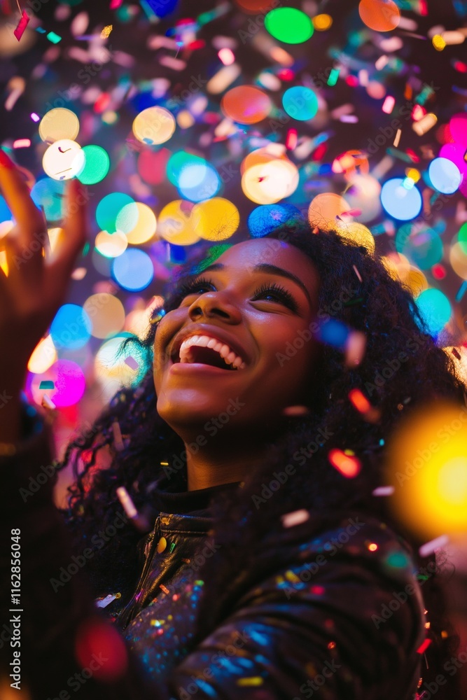 A joyful woman smiles in a bright atmosphere filled with colorful confetti and bright lights. A joyful woman smiles in a bright atmosphere filled with colorful confetti and bright lights.