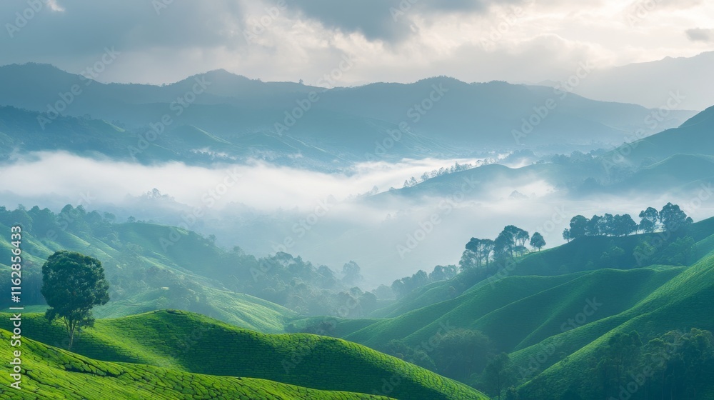 Fototapeta premium Morning Dew on Scenic Rolling Hills with Soft Lighting