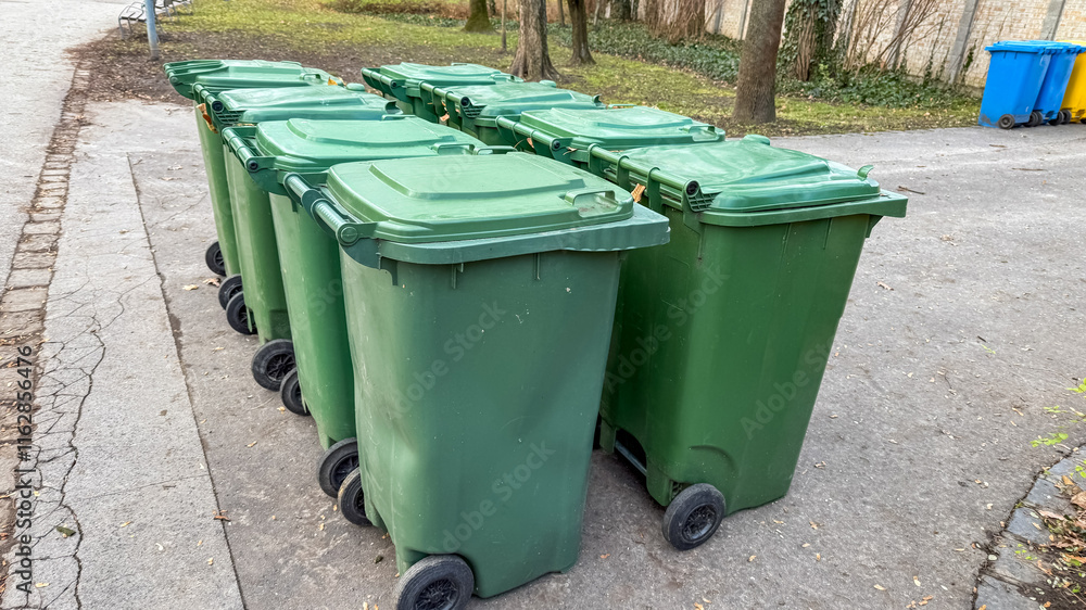 A row of green garbage bins in a park setting highlights environmental issues and waste management concerns during Earth Day A row of green garbage bins in a park setting highlights environmental issues and waste management concerns during Earth Day