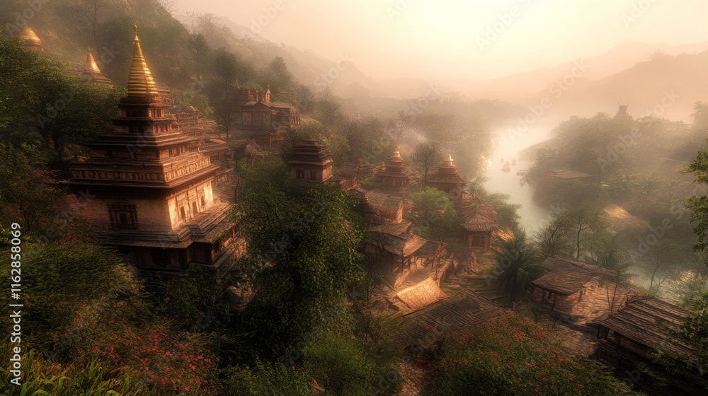 Scenic Hilltop Monastery with Soft Lighting View Scenic Hilltop Monastery with Soft Lighting View