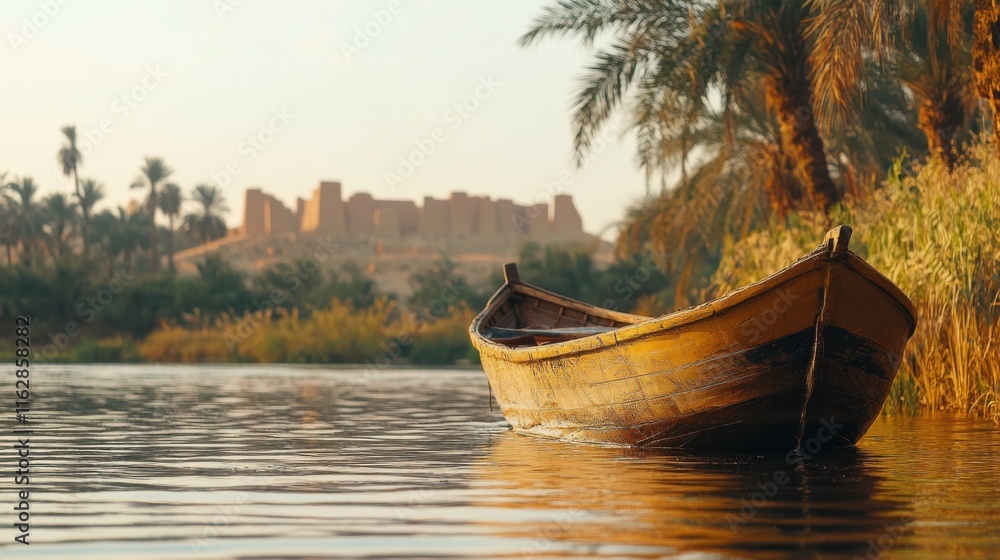 Obraz premium Ancient Egyptian River Scene Wooden Boat, Palm Trees, Ruins