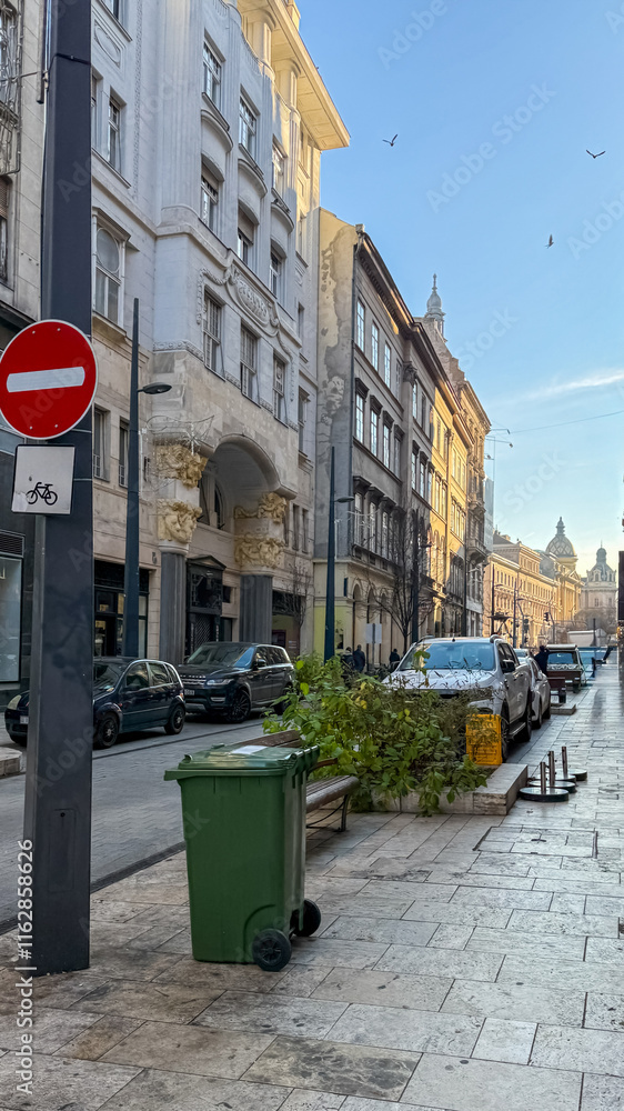 Obraz premium A European urban street showcases post-Christmas cleanup with discarded trees and trash bins, reflecting waste management during the holiday season