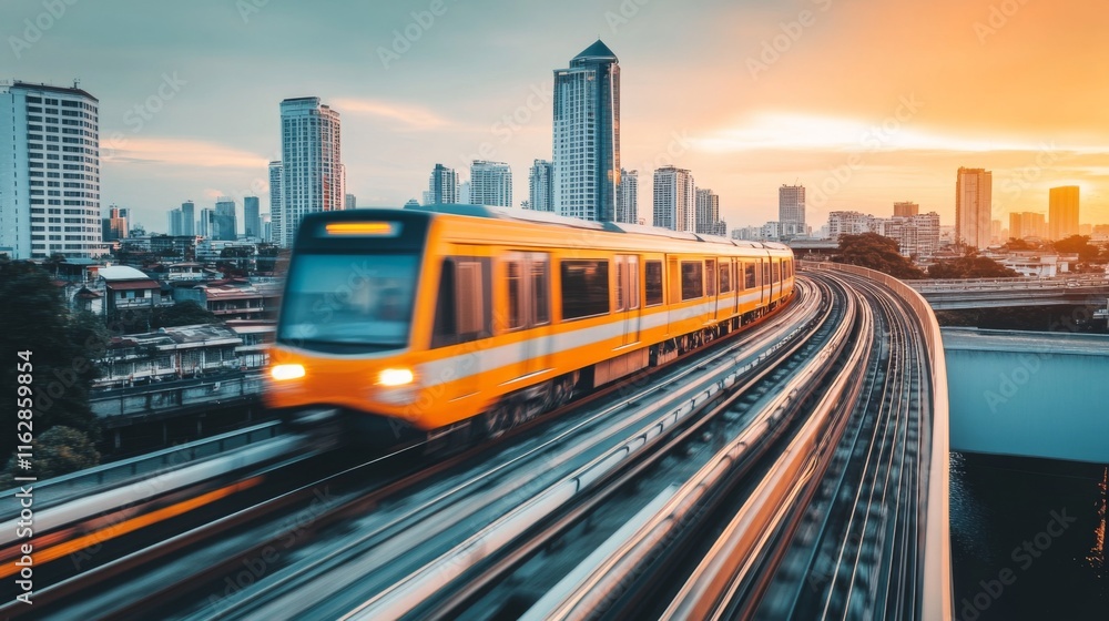 Naklejka premium Scenic Train Crossing Over a River at Sunset