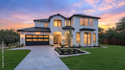 Modern two-story house at sunset.
