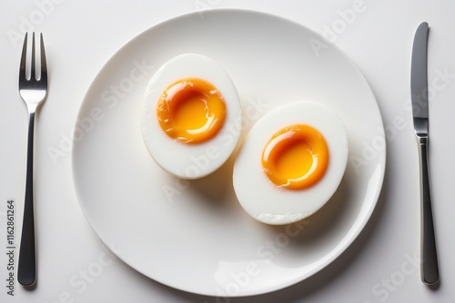 Perfectly boiled egg arranged in two pieces on a shiny white plate