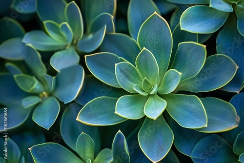 Close-up of lush, teal succulents with detailed texture and vibrant color.