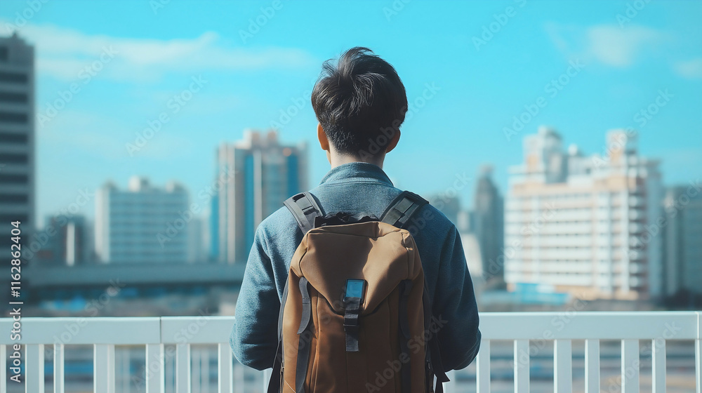 Obraz premium Young Man with Backpack Exploring Urban Cityscape from Behind in Summer Vacation Adventure