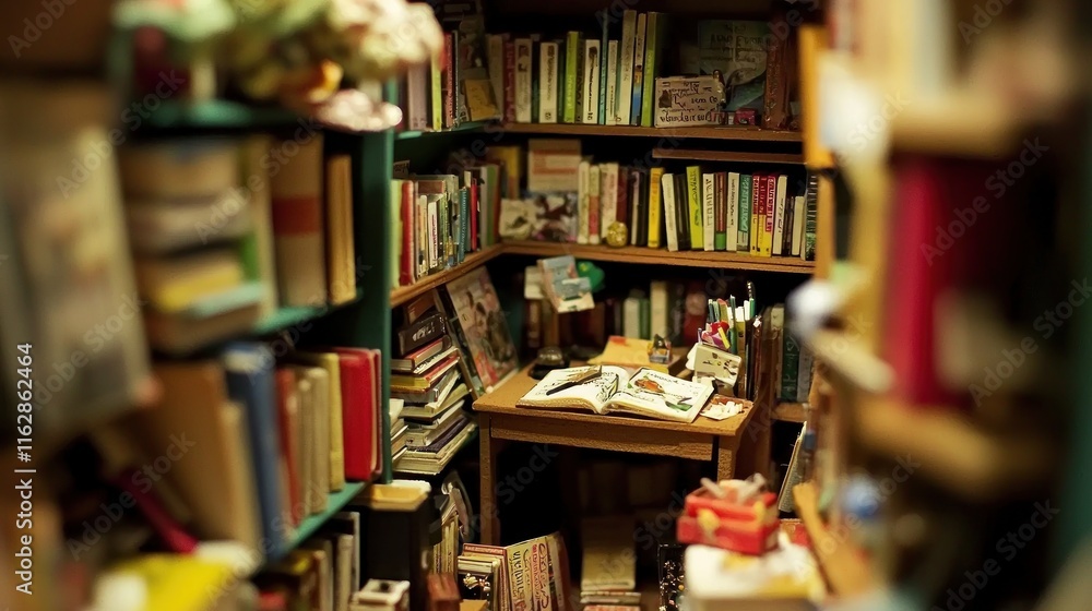 Cozy, cluttered bookshelf corner with a table and books. Cozy, cluttered bookshelf corner with a table and books.