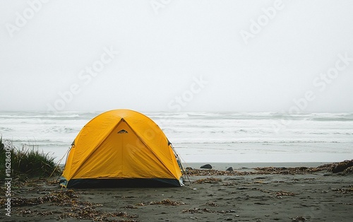 Lone yellow tent on a misty beach. photo