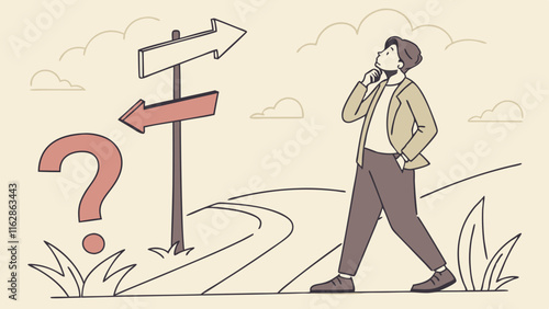 Pensive man standing and making business decision isolated flat vector illustration. Cartoon businessman choosing work strategy for success. Questions dilemma and options confusion concept