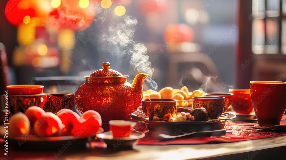 Festive Traditional Chinese Table Setting with Teapot Festive Traditional Chinese Table Setting with Teapot