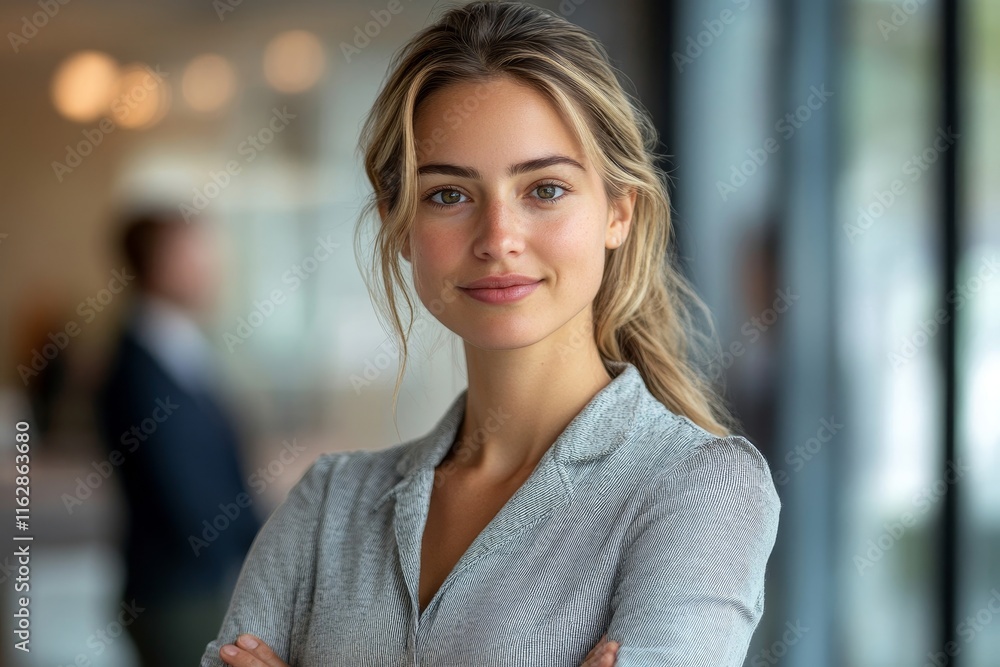 Fototapeta premium Confident Professional: A young woman with a warm smile and a confident stance, exuding professionalism and success in a modern office setting, generative ai