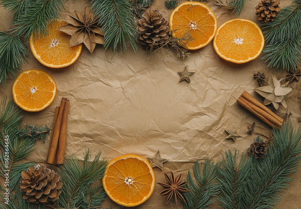 Flatlay Christmas frame with oranges, cinnamon, pine, and cones on kraft paper. Flatlay Christmas frame with oranges, cinnamon, pine, and cones on kraft paper.