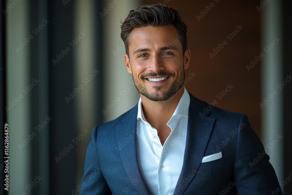 Stylish handsome commercial model business man, executive, corporate professional in modern chic suit, charming smile, Generative AI Stylish handsome commercial model business man, executive, corporate professional in modern chic suit, charming smile, Generative AI
