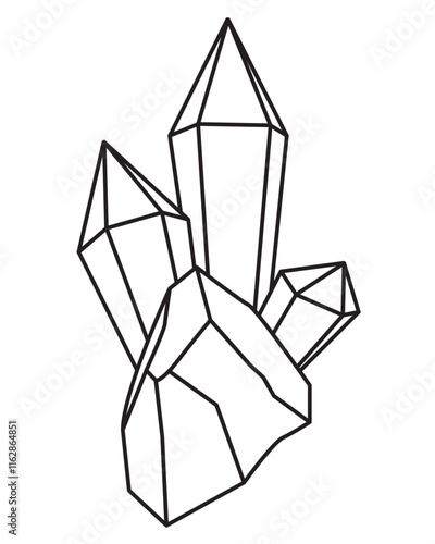 Crystals, druses with faceted stones - vector linear image for logo, pictogram or coloring. Outline. Crystals, magic of stones - drawing for coloring book	