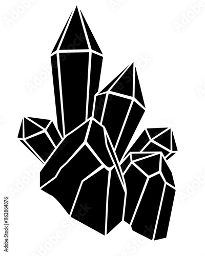 Crystals, druses with faceted stones - vector silhouette picture for logo, pictogram. Crystals, magic of stones - drawing for a sign or icon	