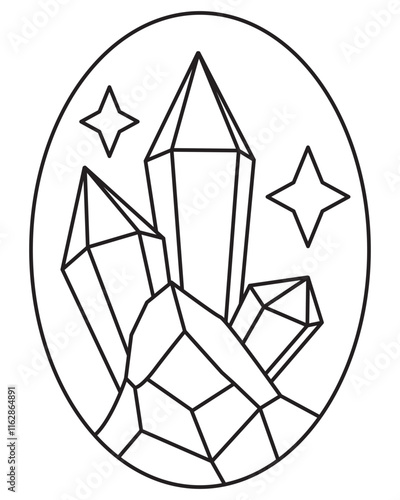 Shining magic crystals, druses and stars - vector linear picture for coloring. Outline. Precious stones, magic crystals for a coloring book	