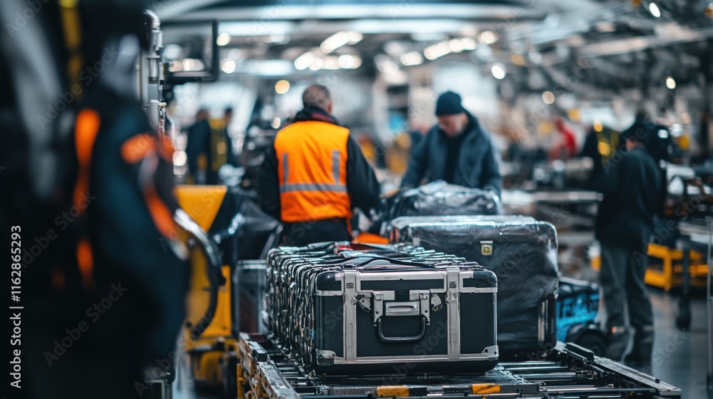 Airport Baggage Handling Workers Sort Checked Suitcases on Conveyor Airport Baggage Handling Workers Sort Checked Suitcases on Conveyor
