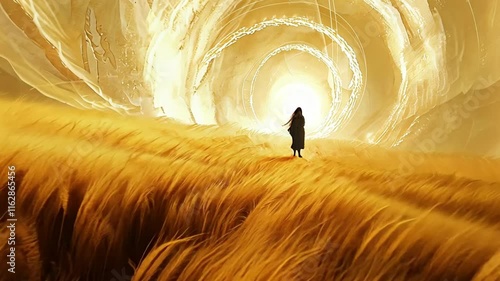A glowing spiral in the sky draws a person forward through a golden field, representing spiritual awakening and journey.